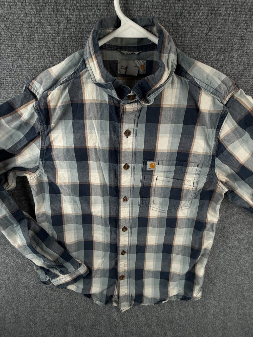 Carhartt Men Long Sleeve Blue Beige Plaid Button Up Shirt Small Slim Fit Adult